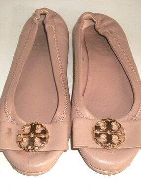 Tory Burch Dusty Rose Leather Ballet Flats with Gold Metal Logo Medallion